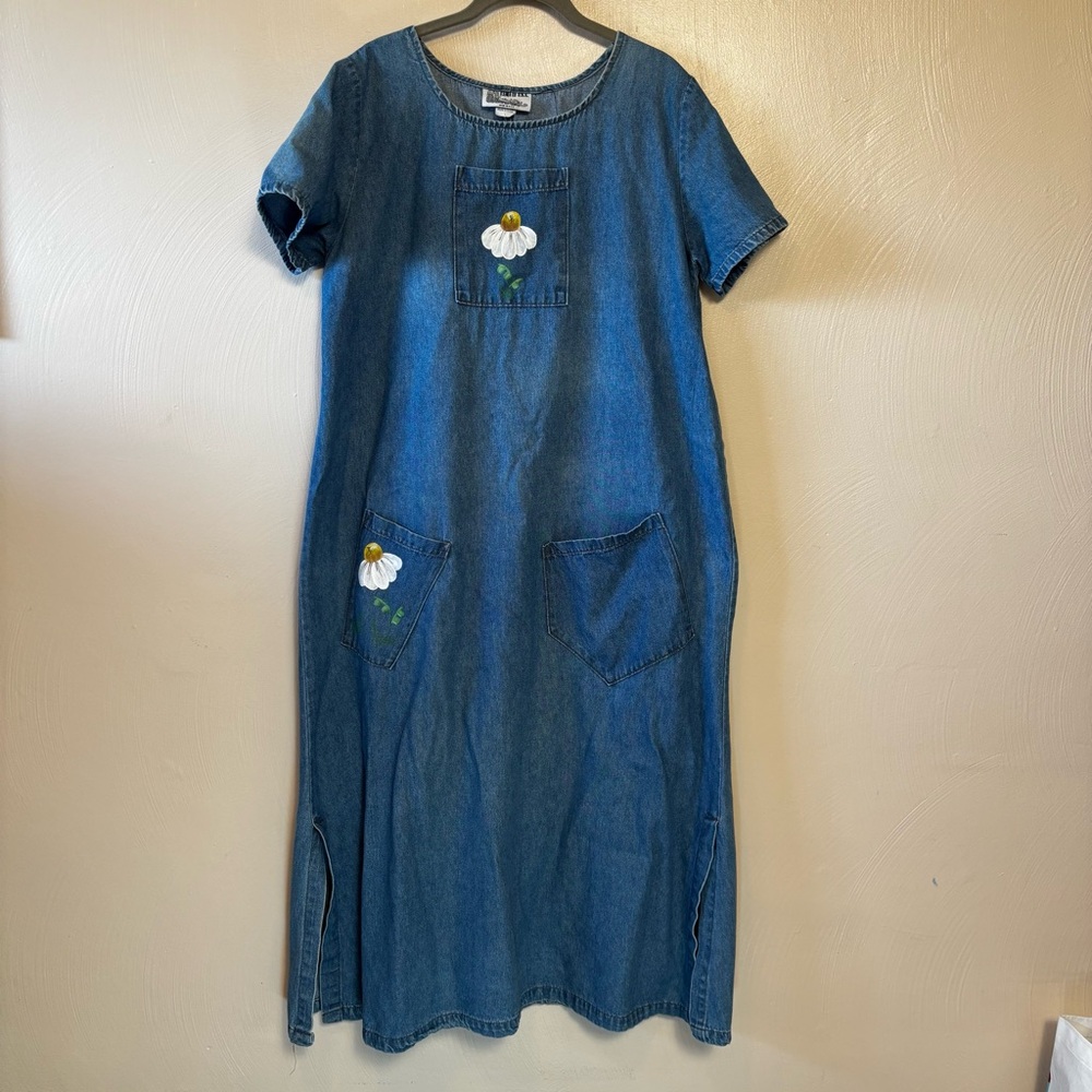 Vintage RAMA of USA Women’s Dress‎ Maxi Denim Boho Daisy Jean 100 % Cotton Large